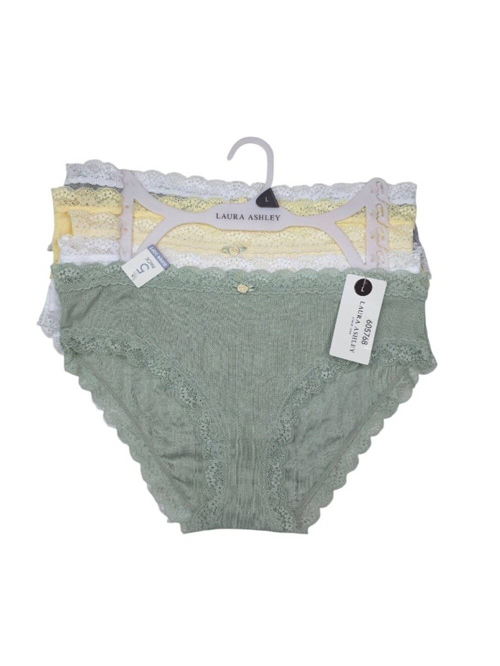 Laura Ashley Womens Large 5-Pack Super Soft Lace Trim Panties Green Yellow Gray
